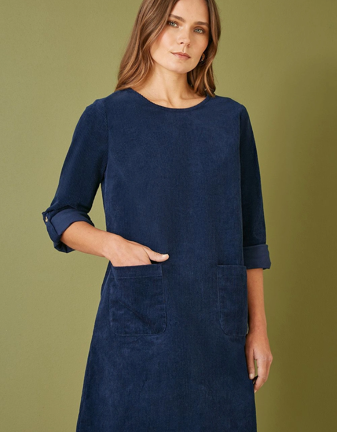 Navy Cord Tunic Dress With 3/4 Sleeves And Pockets, 2 of 1