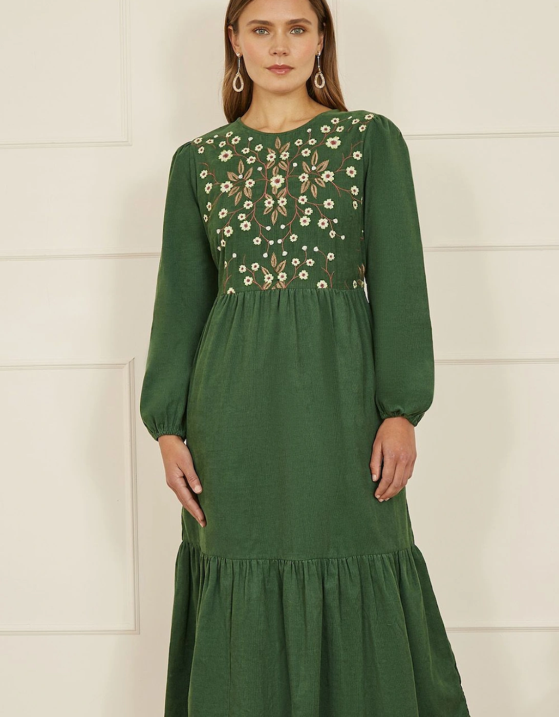 Green Long Sleeve Midi Dress With Floral Embroidery Bodice, 2 of 1