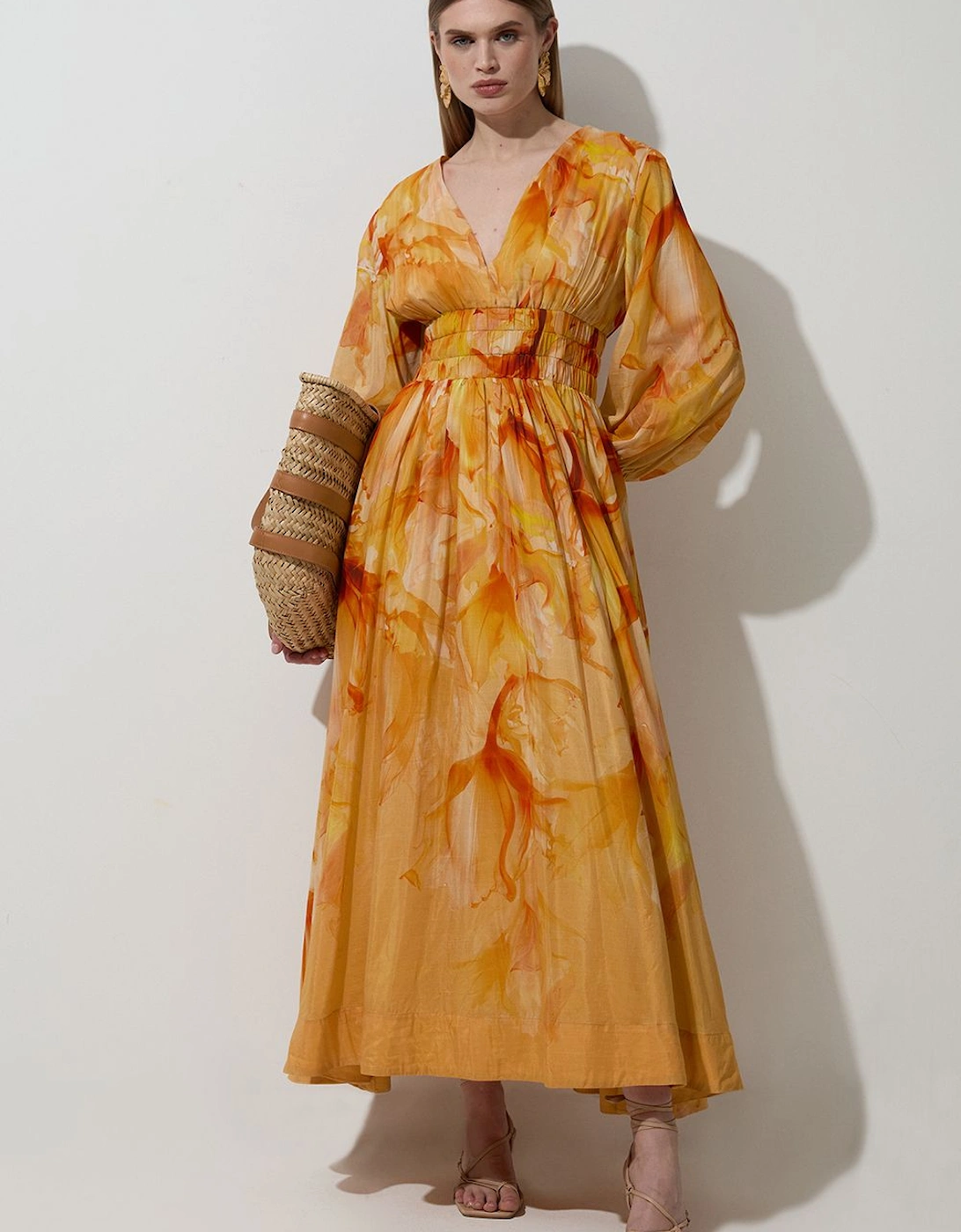 Ombre Floral Silk Cotton Plunge Maxi Dress, 2 of 1