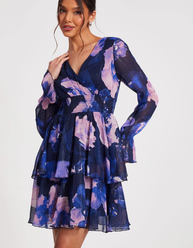 Navy Floral Tiered Skater Dress