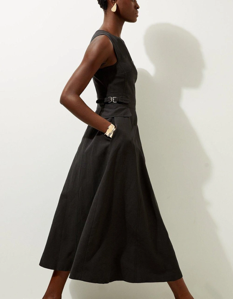 Premium Linen Tab Waist Detail Full Skirt Tailored Midi Dress