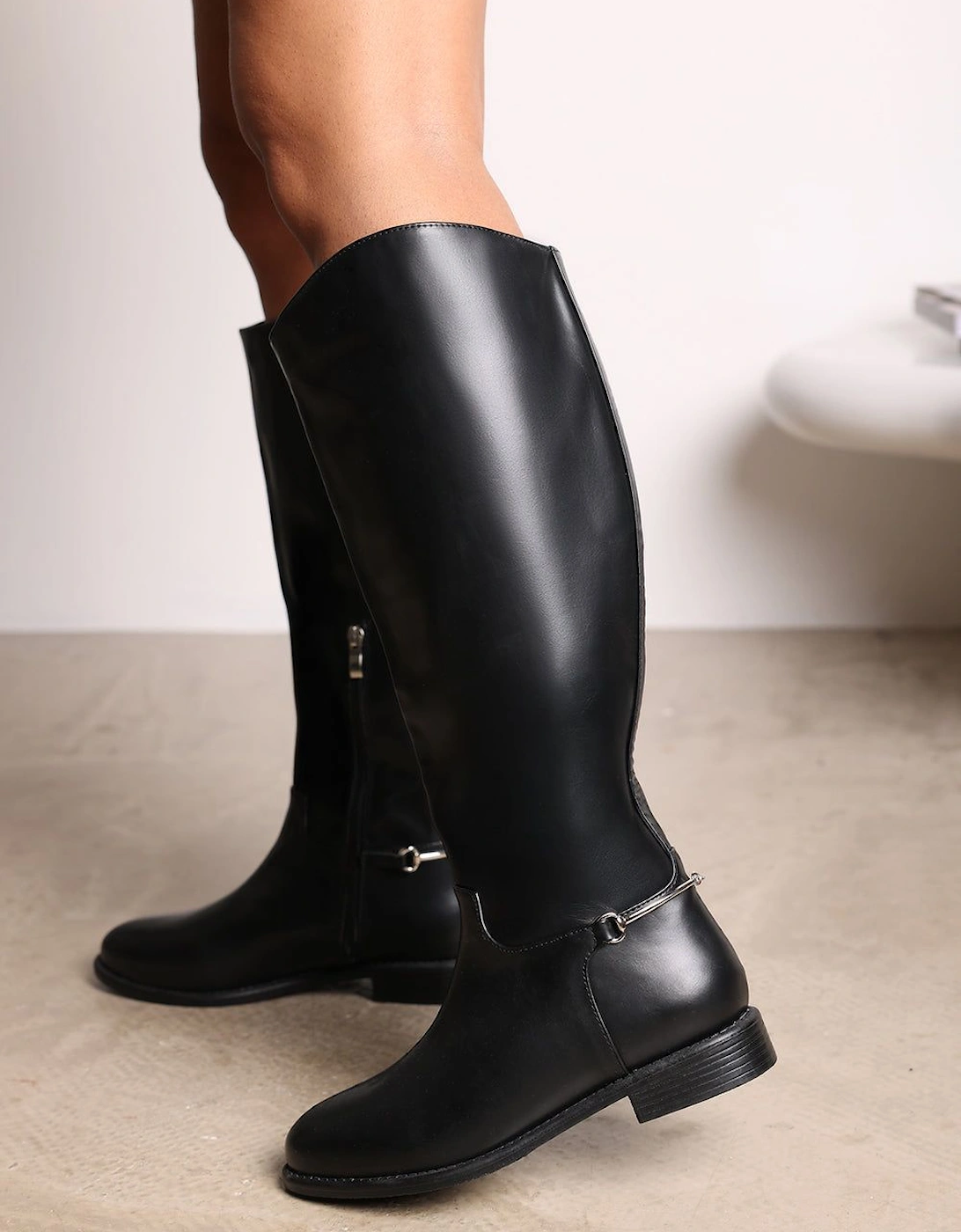 'Nyla' Knee High Boots With Low Flat Heel And Back Buckle Detail, 2 of 1