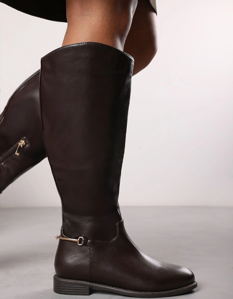 'Nyla' Knee High Boots With Low Flat Heel And Back Buckle Detail