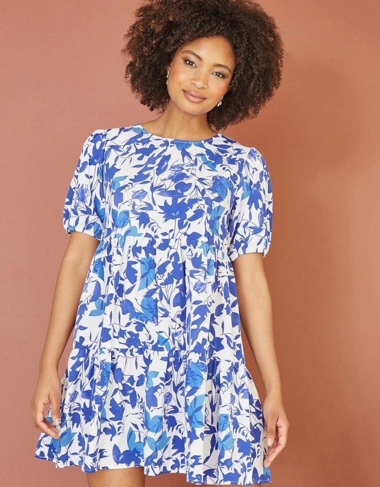 Blue Leaf Print Tunic Skater Dress