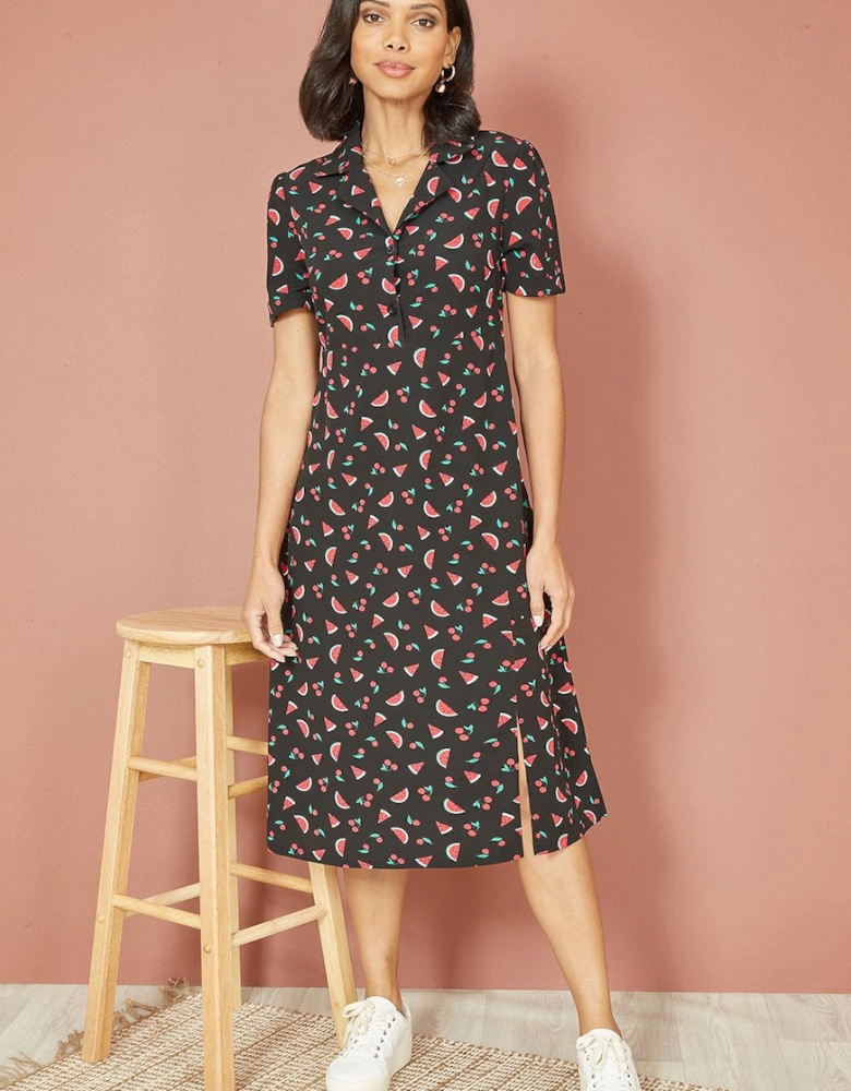 Black Recycled Watermelon Print Shirt Dress With Side Split