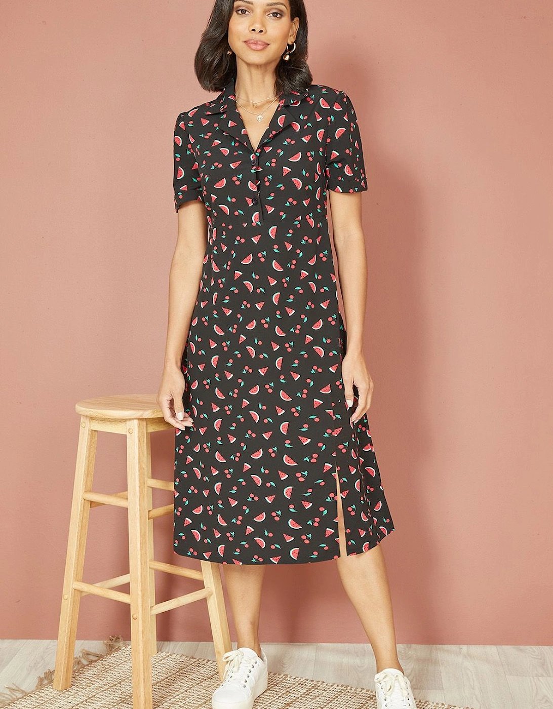 Black Recycled Watermelon Print Shirt Dress With Side Split, 2 of 1