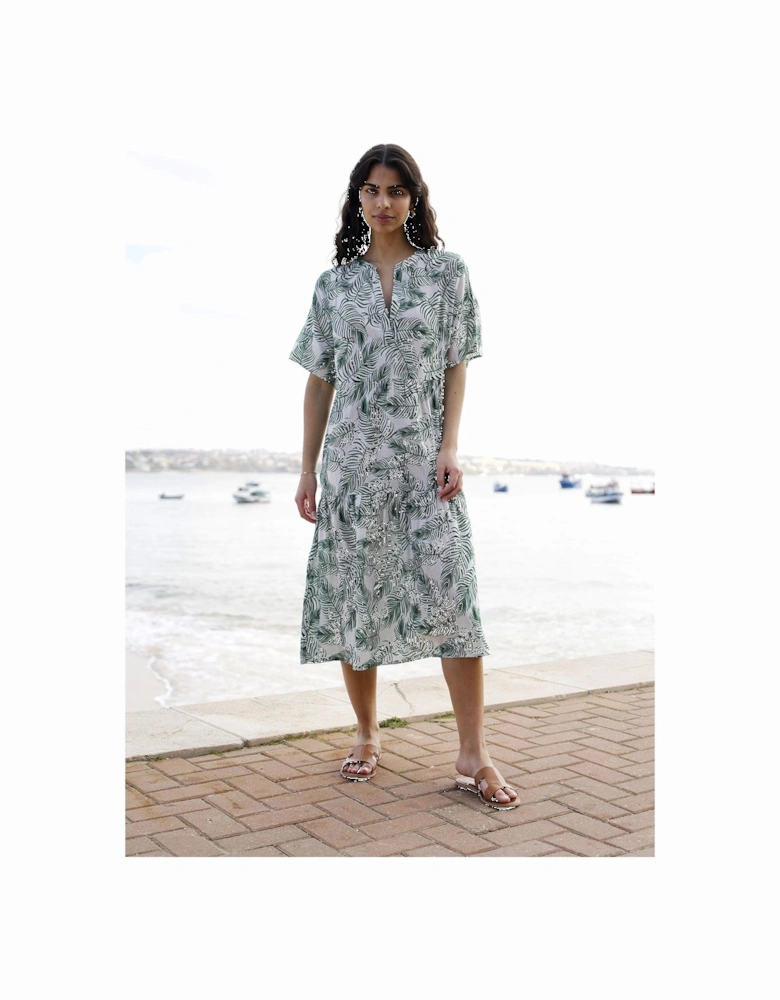 Green Organic Cotton Palm Print Tiered Tunic Dress