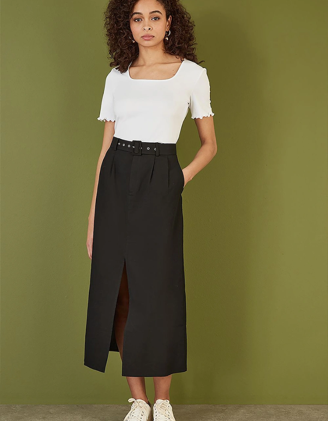 Black Cotton Midi Skirt With Belt And Split Hem, 2 of 1