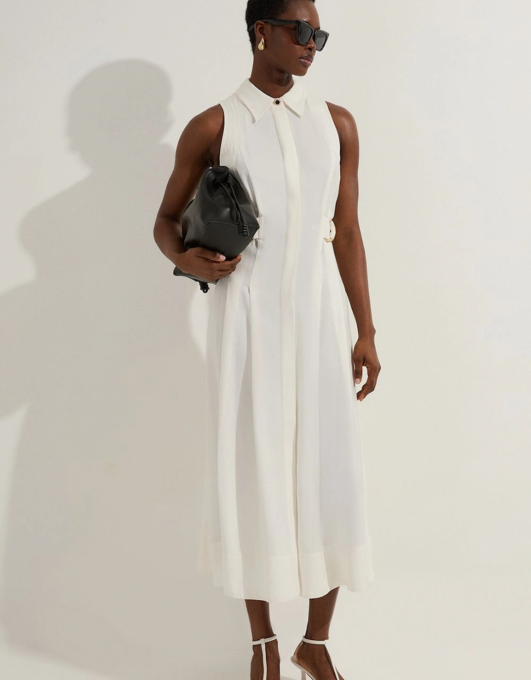 Petite Premium Viscose Linen Topstitch Halter Neck Woven Midi Dress With D Ring Detail, 2 of 1