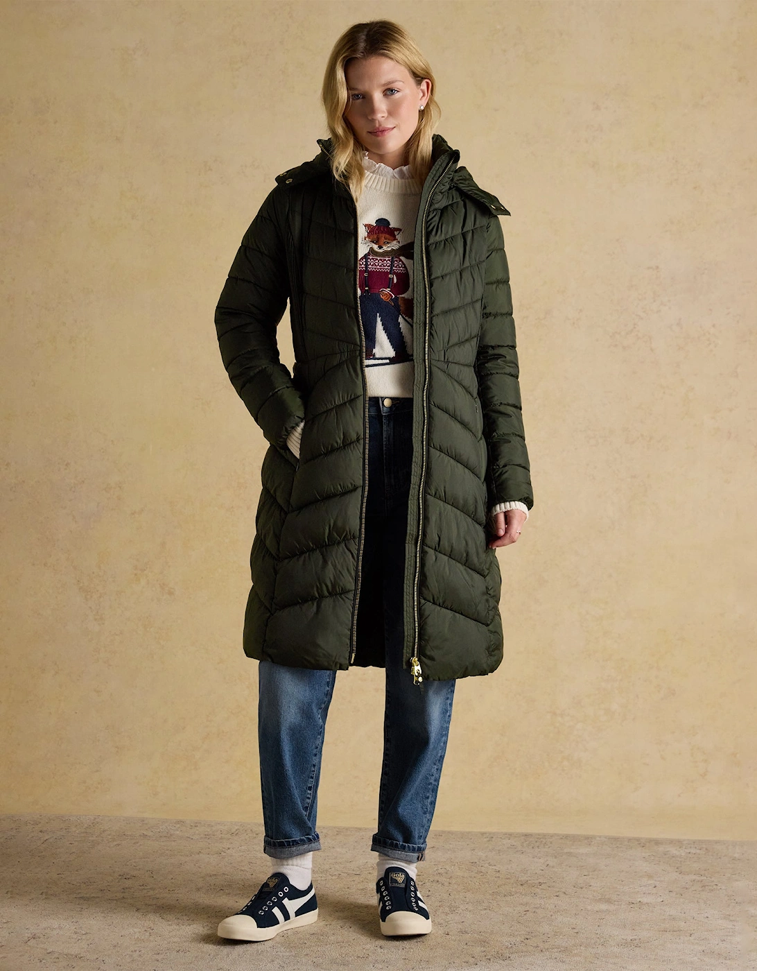 PEMBURY Showerproof Longline Padded Coat with Hood Khaki
