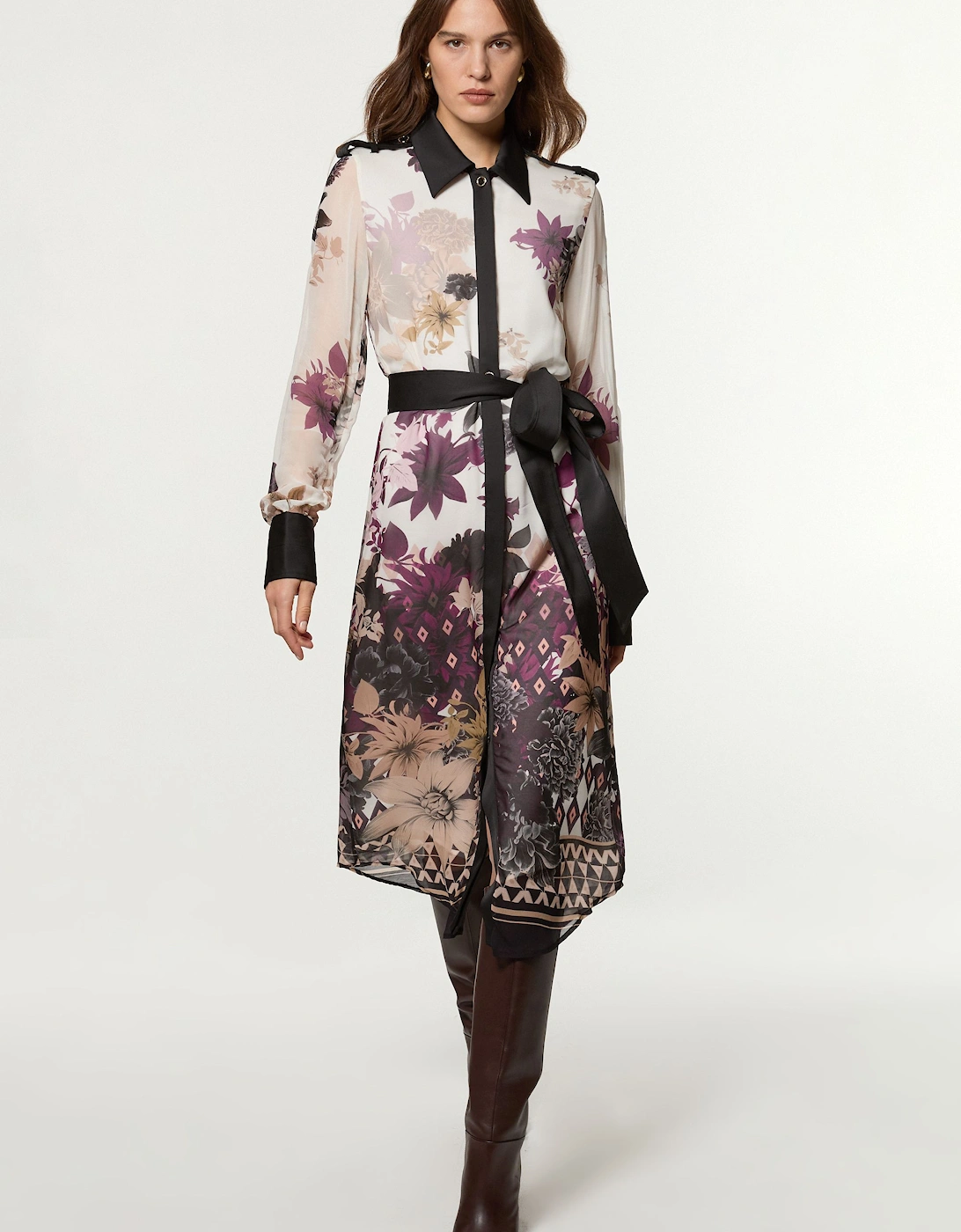 Petite Viscose Georgette Border Print Woven Midi Shirt Dress, 2 of 1
