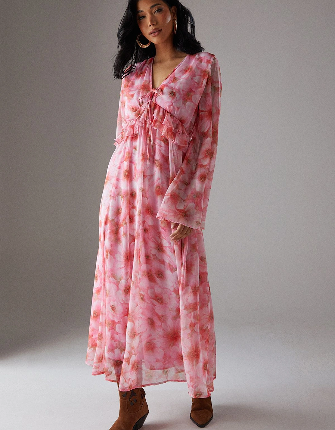 Ruffled Plunge Neck Midi Dress, 2 of 1