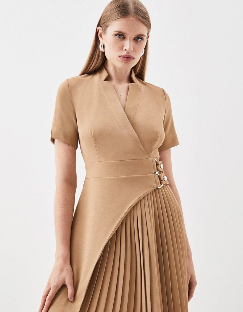 Tailored Military Pleat Notch Neck Wrap Mini Dress