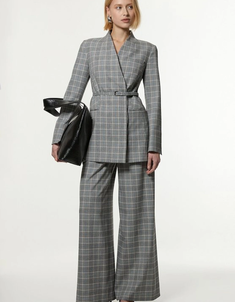 Grey Check Tailored Wide Leg Trousers