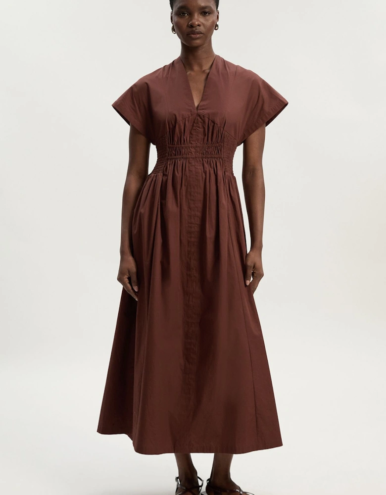 Shirred Cotton Woven Plunge Neck Short Sleeve Maxi Dress