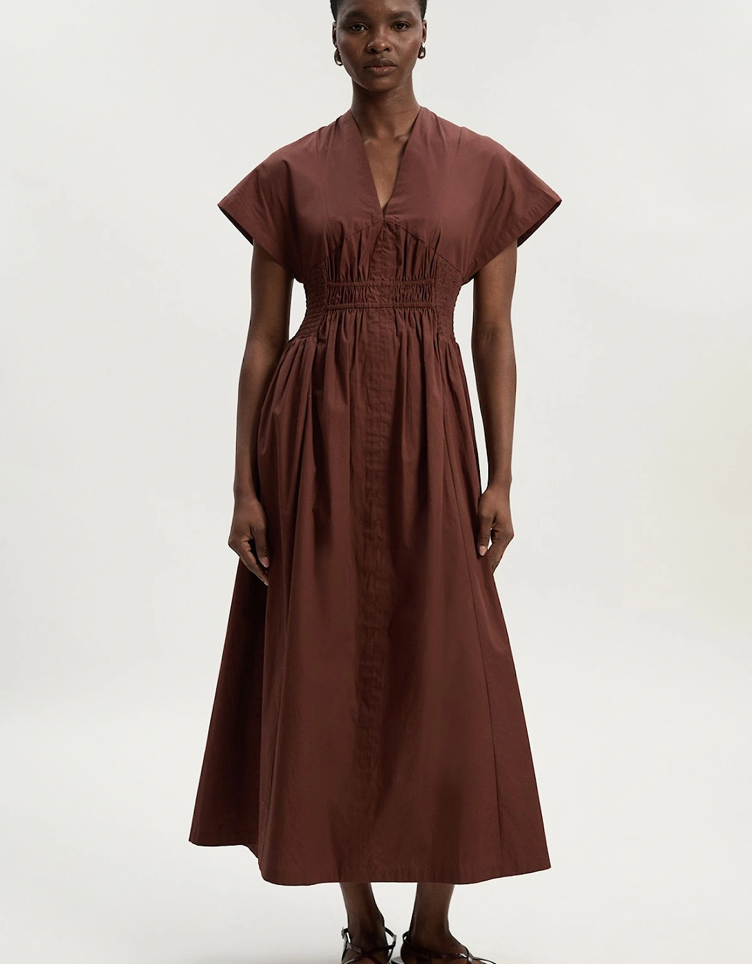 Shirred Cotton Woven Plunge Neck Short Sleeve Maxi Dress, 2 of 1
