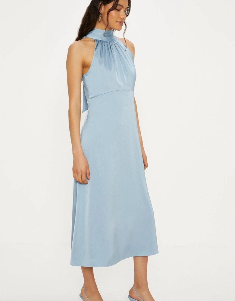 Satin Halter Neck Midi Bridesmaid Dress