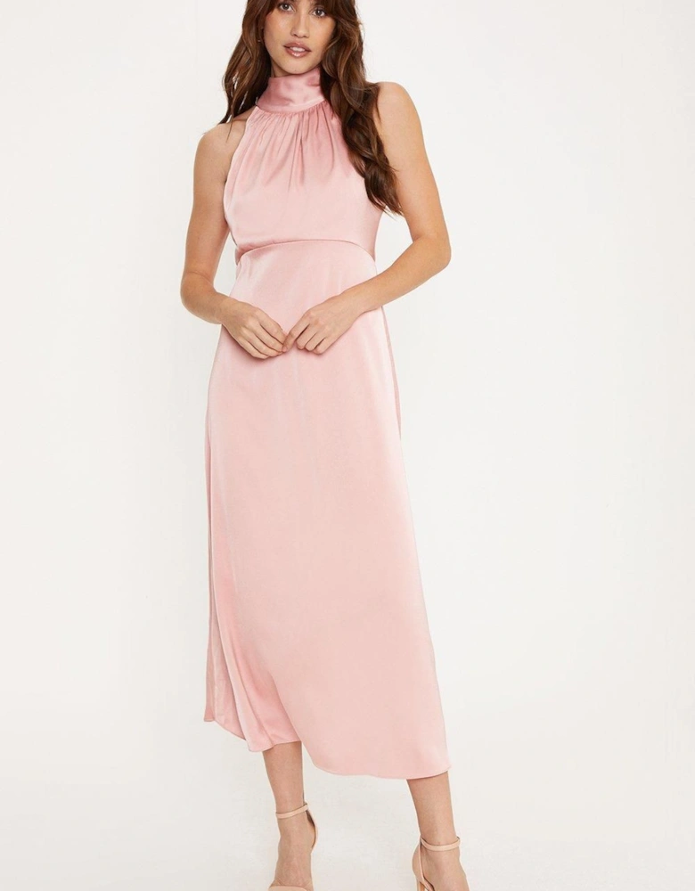 Satin Halter Neck Midi Bridesmaid Dress