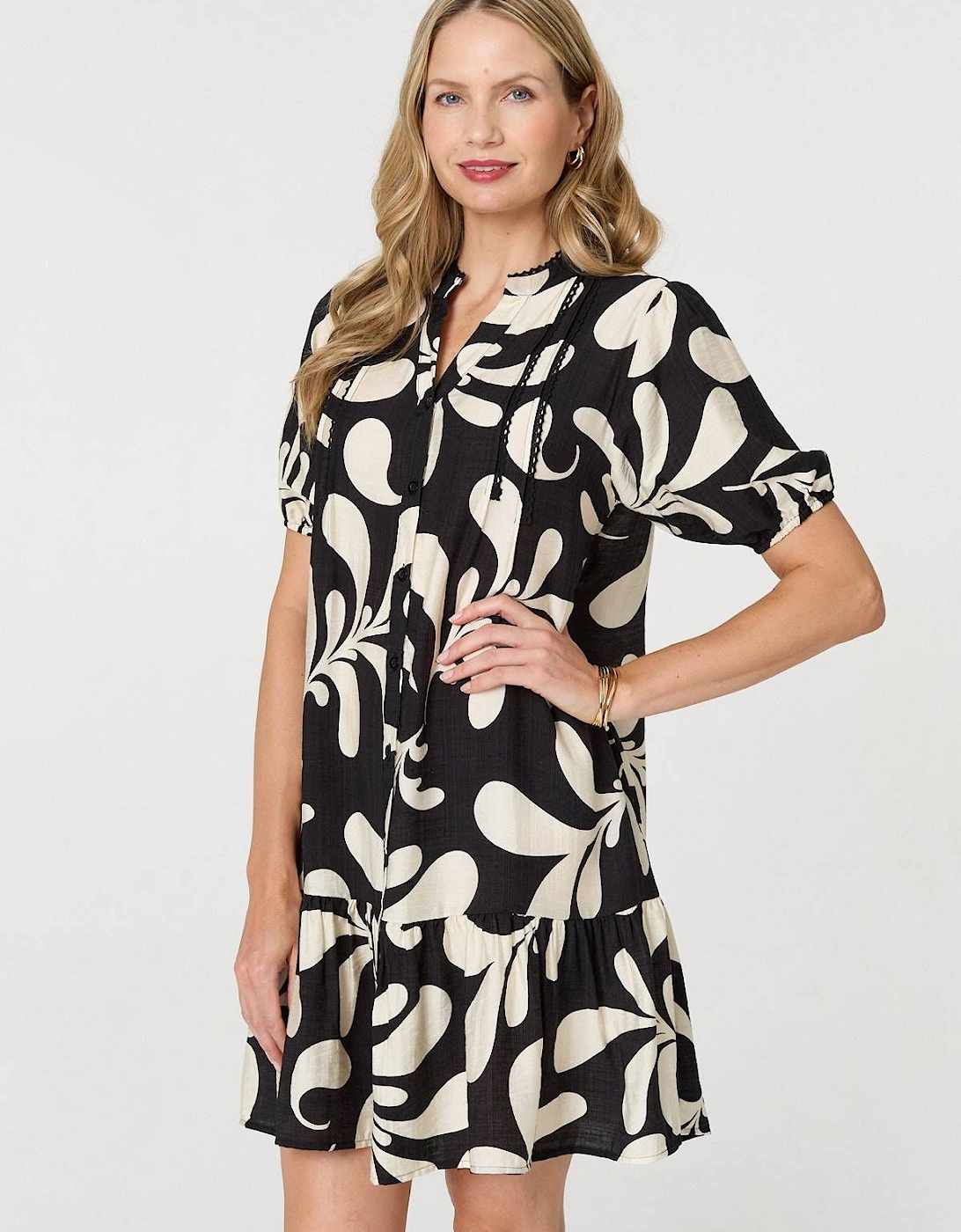 Printed 1/2 Sleeve Tiered Short Dress, 2 of 1