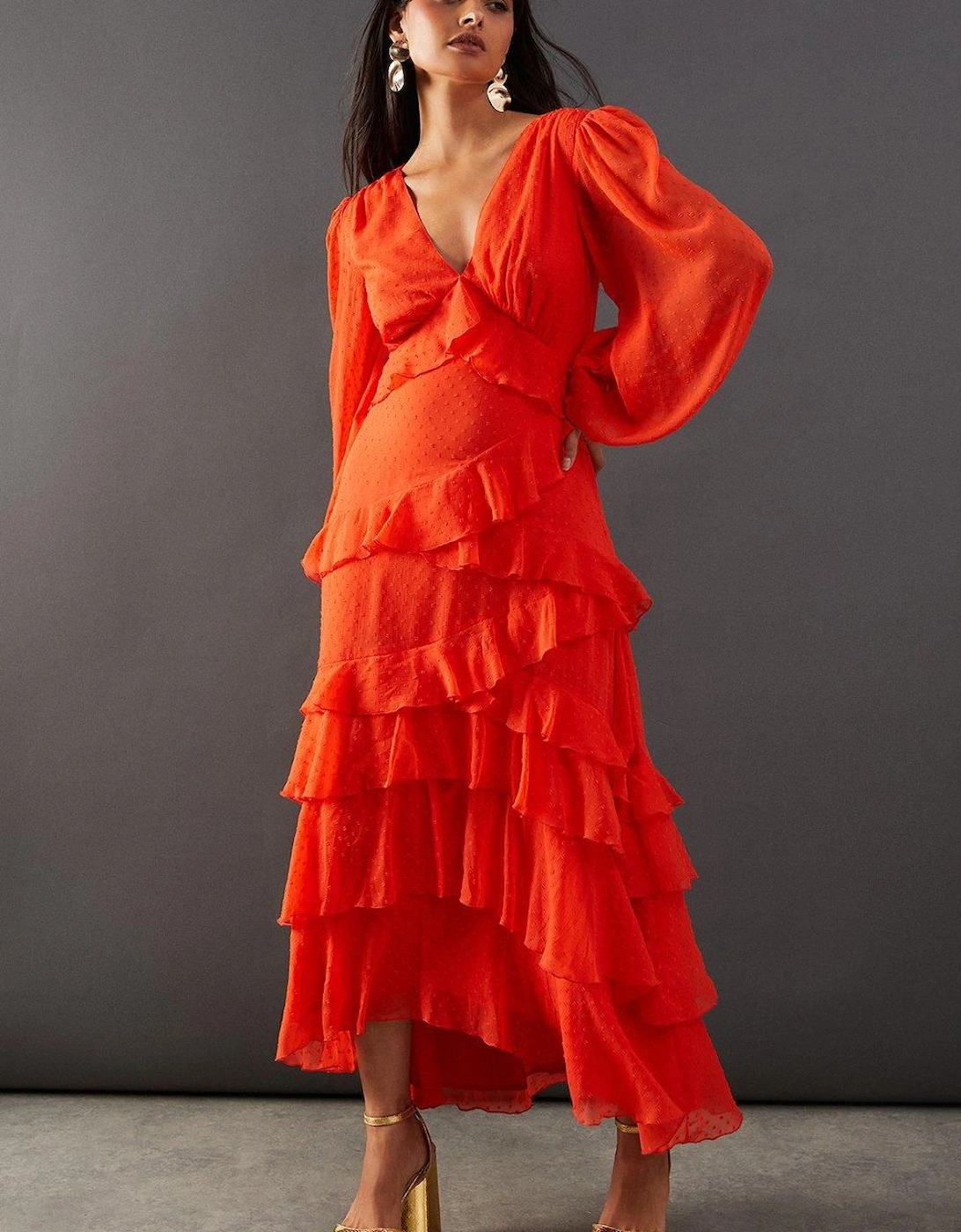 Dobby Chiffon Ruffle Midi Dress, 2 of 1