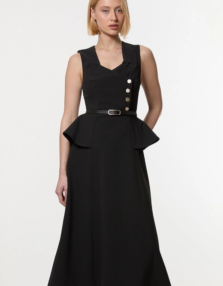 Compact Stretch Belted Peplum Detail Full Skirted Midi Dress