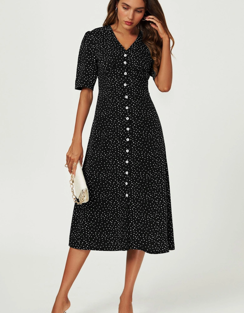 Dot Print Button Front Midi Dress In Black