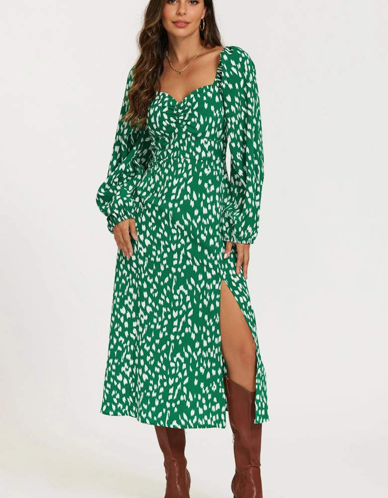 Brushstroke Print Long Sleeve Heart Neckline Midi Dress In Green