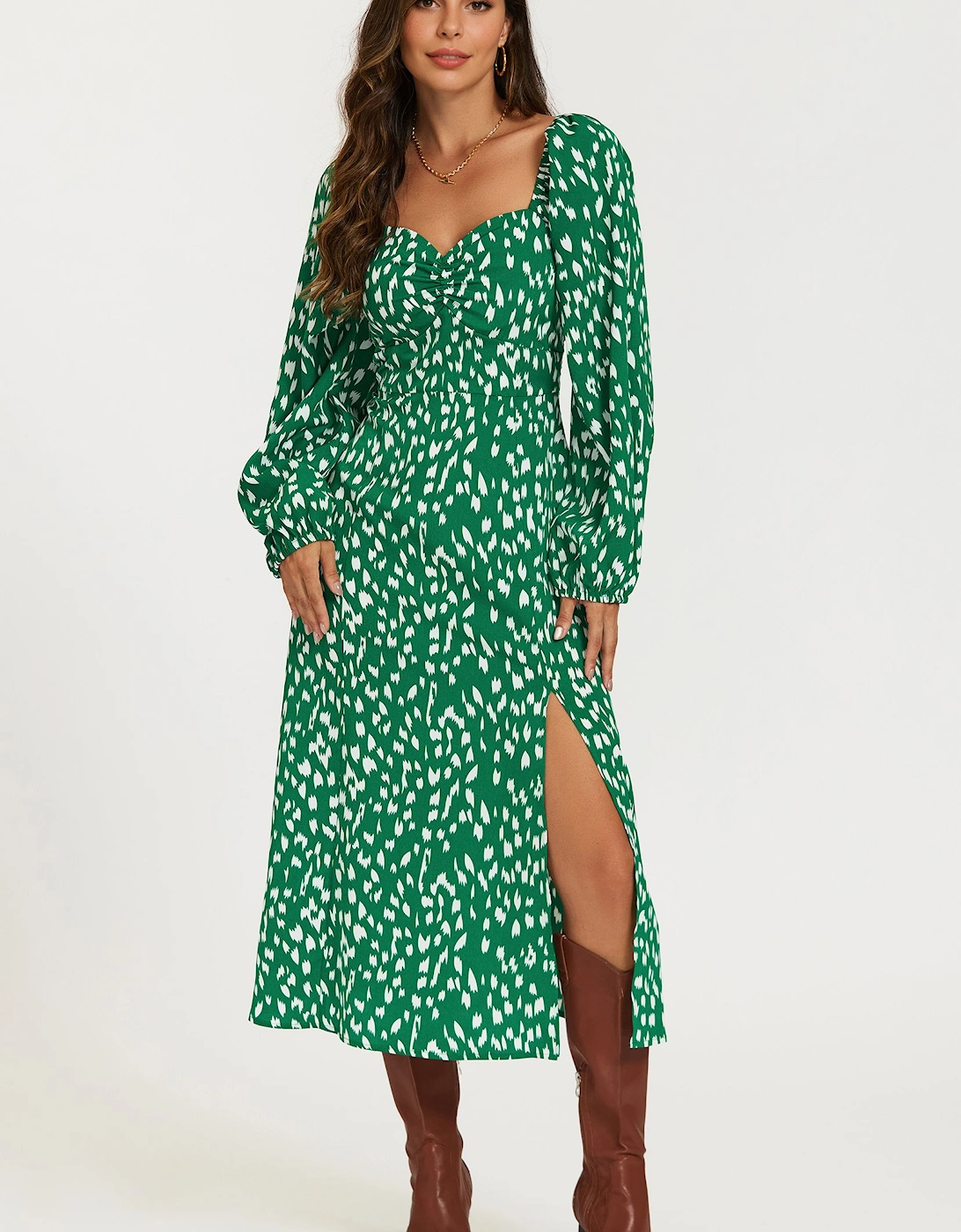 Brushstroke Print Long Sleeve Heart Neckline Midi Dress In Green, 2 of 1