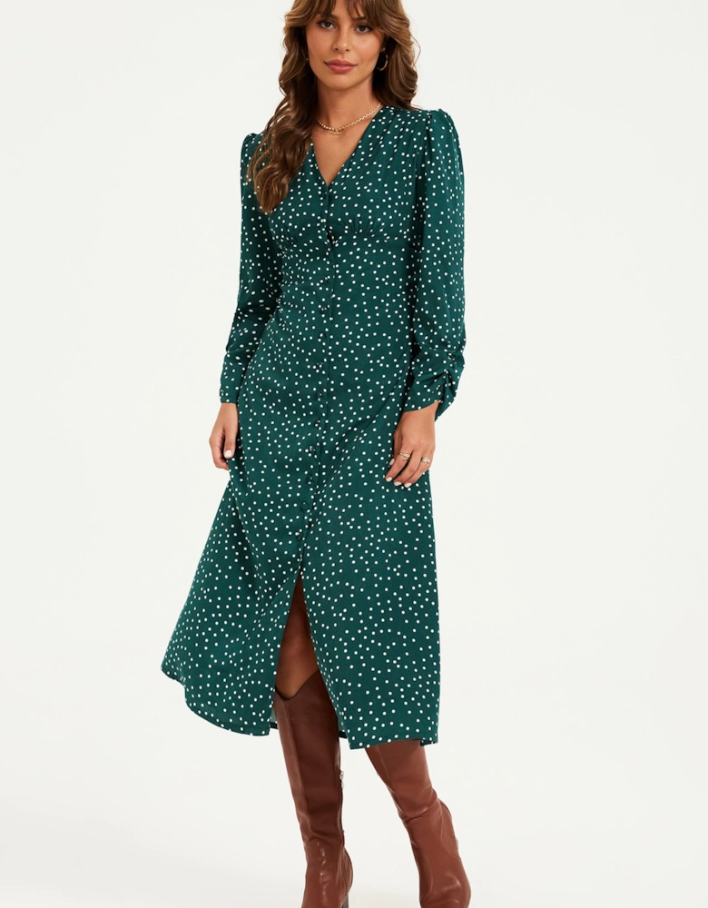 Dot Print Long Sleeve Button Front Midi Dress In Green