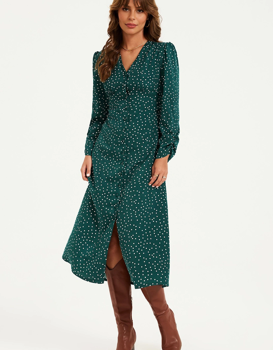 Dot Print Long Sleeve Button Front Midi Dress In Green, 2 of 1