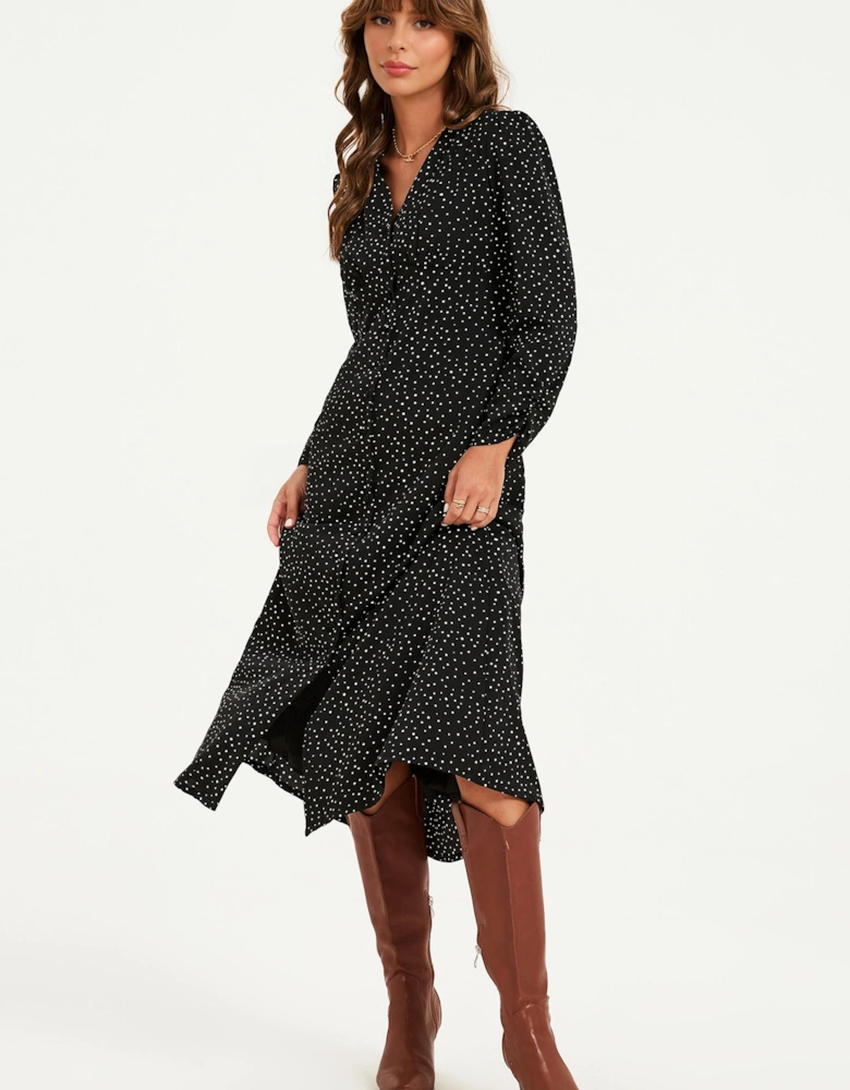 Dot Print Long Sleeve Button Front Midi Dress In Black