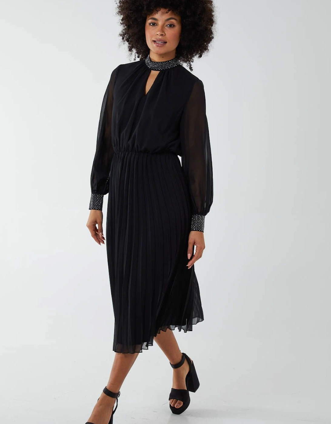 Diamante Collar Pleated Skirt Midi Dress, 2 of 1