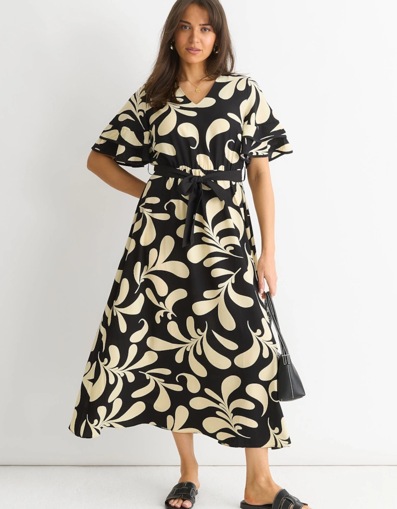 Floral V Neck Elasticated Waist Midi Dress