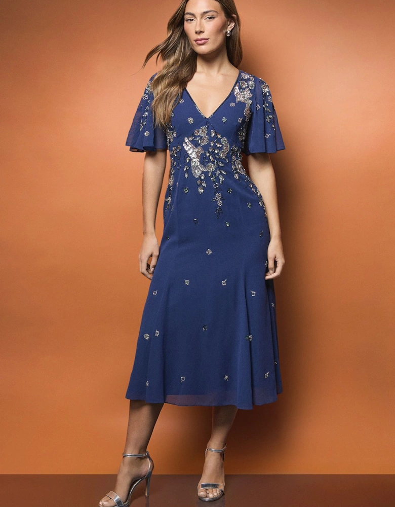 Floral Embellished Flutter Sleeve Midi Dress