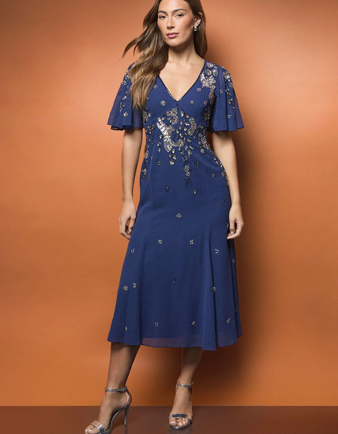 Floral Embellished Flutter Sleeve Midi Dress, 2 of 1