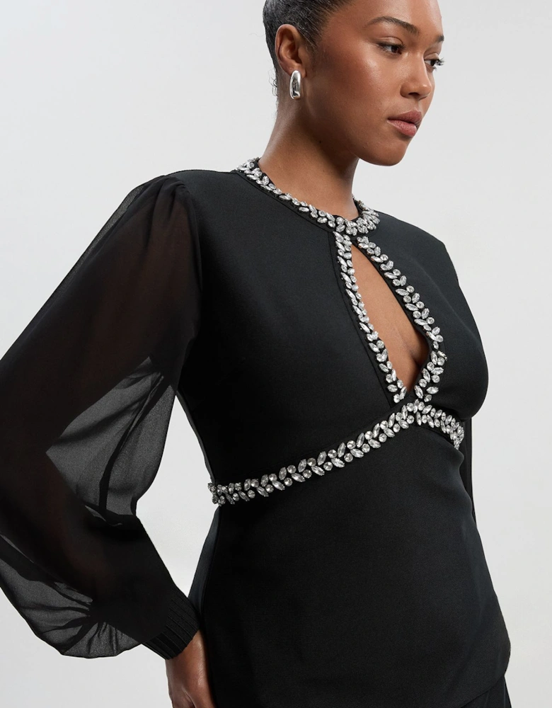 Plus Size Bandage Embellished And Chiffon Sleeve Figure Form Knit Top