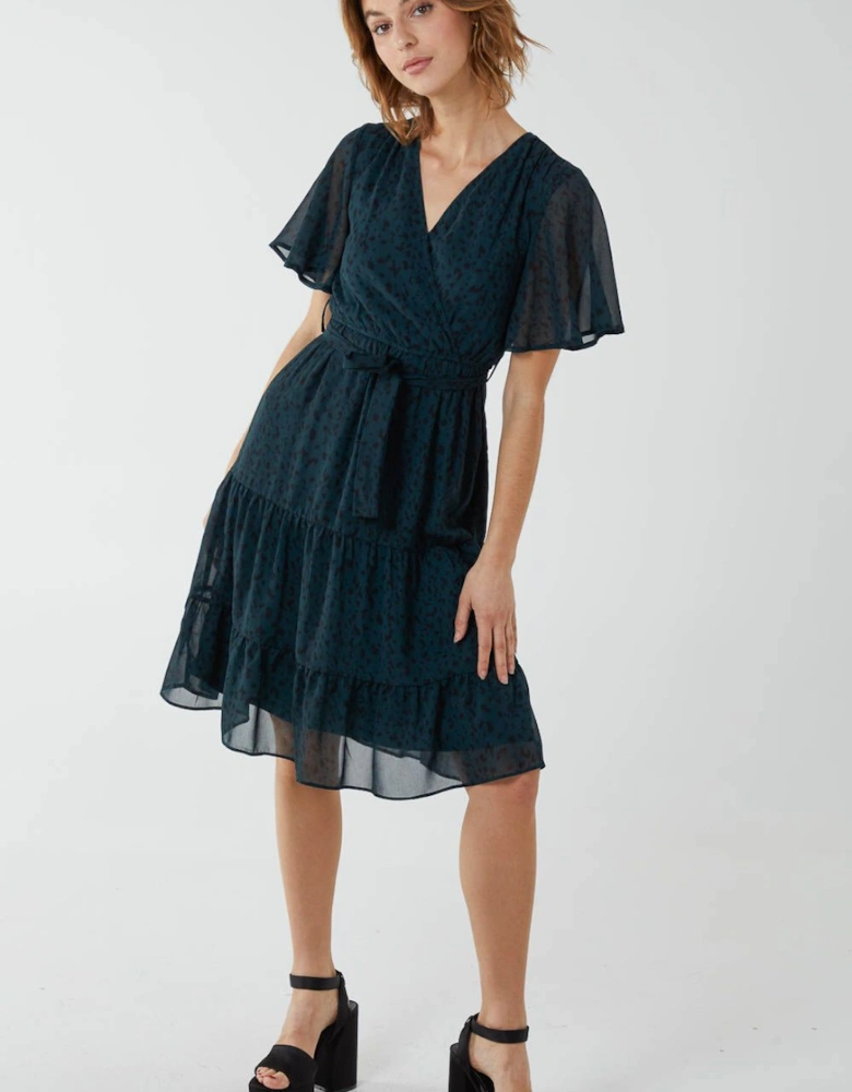 Flutter Sleeve Midi Wrap With Tie Dress
