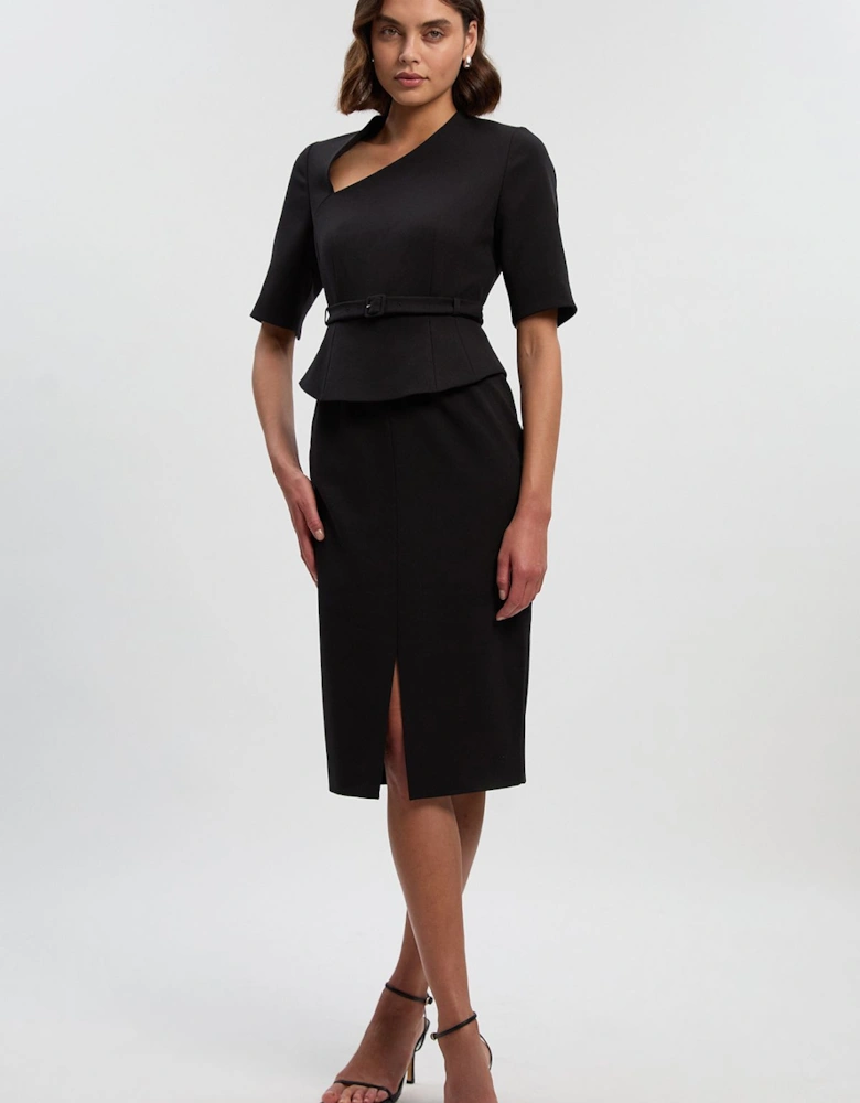 Structured Crepe Forever Asymmetric Neck Belted Pencil Midi Dress
