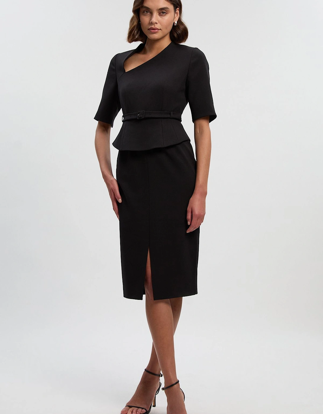 Structured Crepe Forever Asymmetric Neck Belted Pencil Midi Dress, 2 of 1