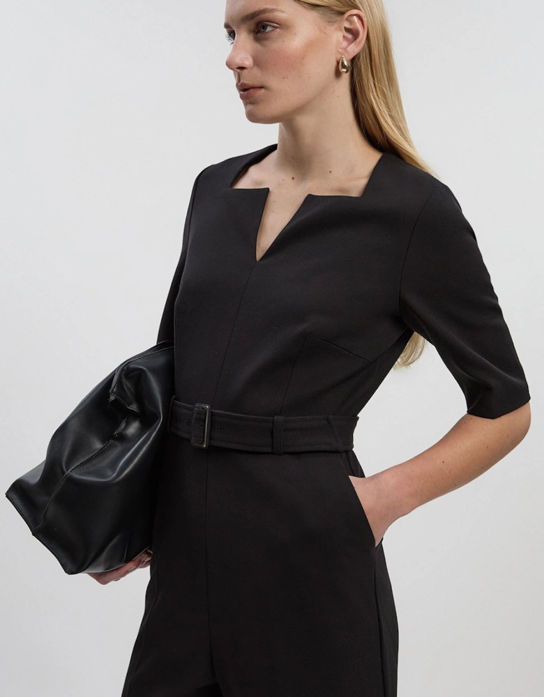 Structured Crepe Forever Notch Neck Belted Tailored Jumpsuit