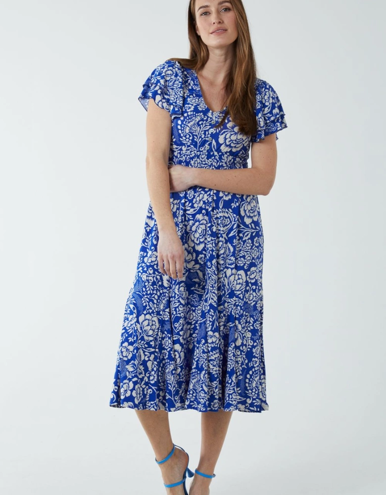 Ruffle Sleeve Elasticated Godet Midi Dress