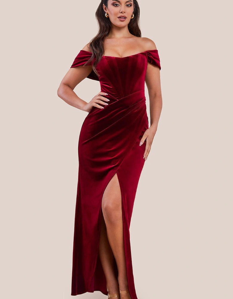 Draped Shoulder Velvet Corset Maxi Dress
