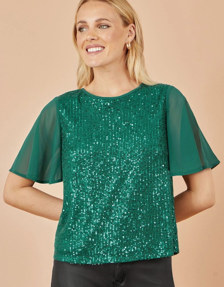 Green Sequin Top With Sheer Sleeves And Cut Out Back