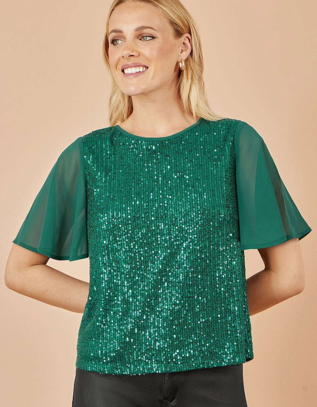 Green Sequin Top With Sheer Sleeves And Cut Out Back, 2 of 1