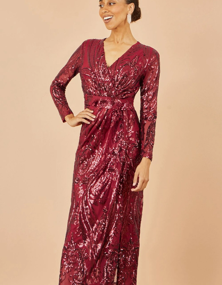 Red Sequin Midi Wrap Dress With Split Hemline And Long Sleeves