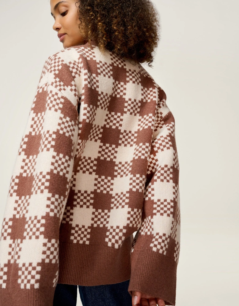 Athena Check Cardigan in Brown and Cream