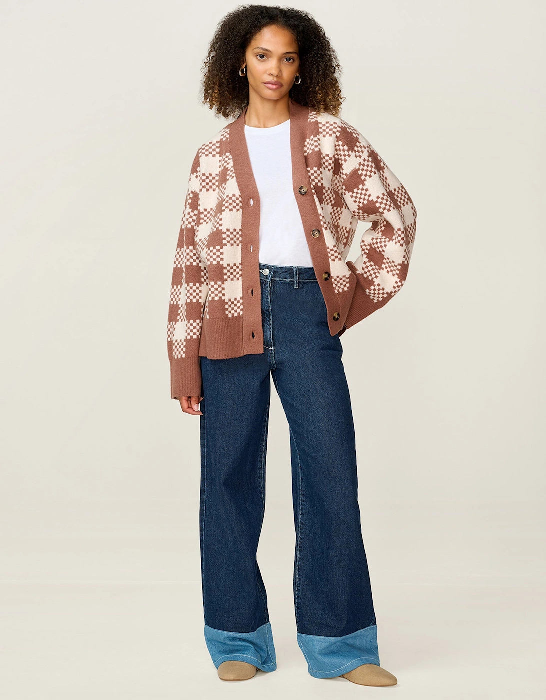 Athena Check Cardigan in Brown and Cream, 8 of 7