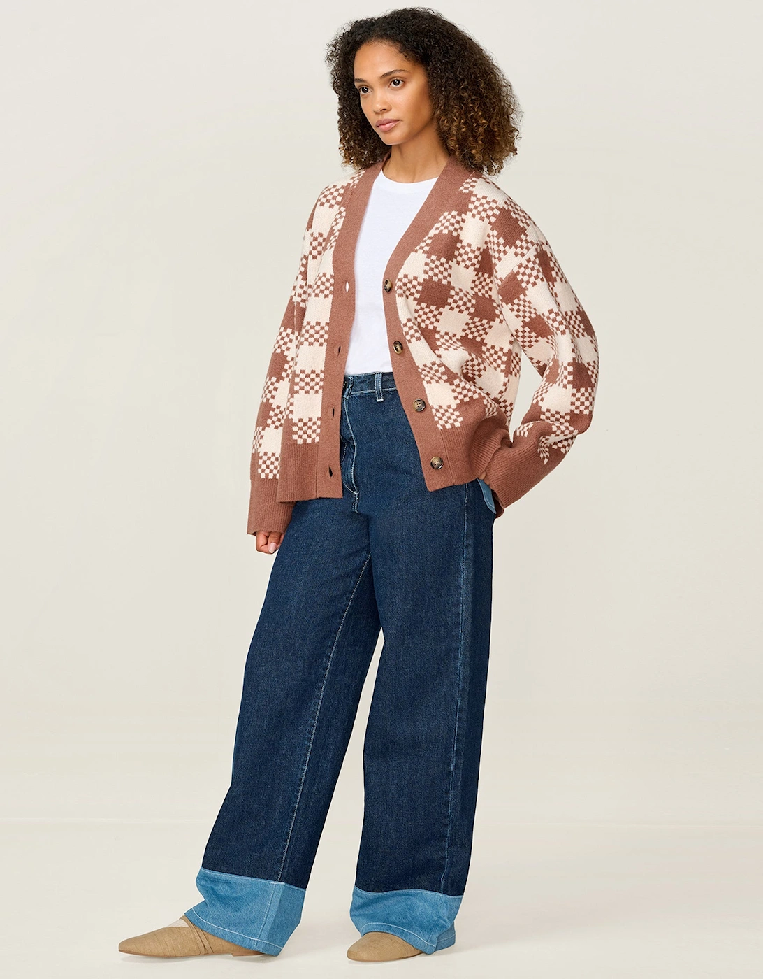 Athena Check Cardigan in Brown and Cream