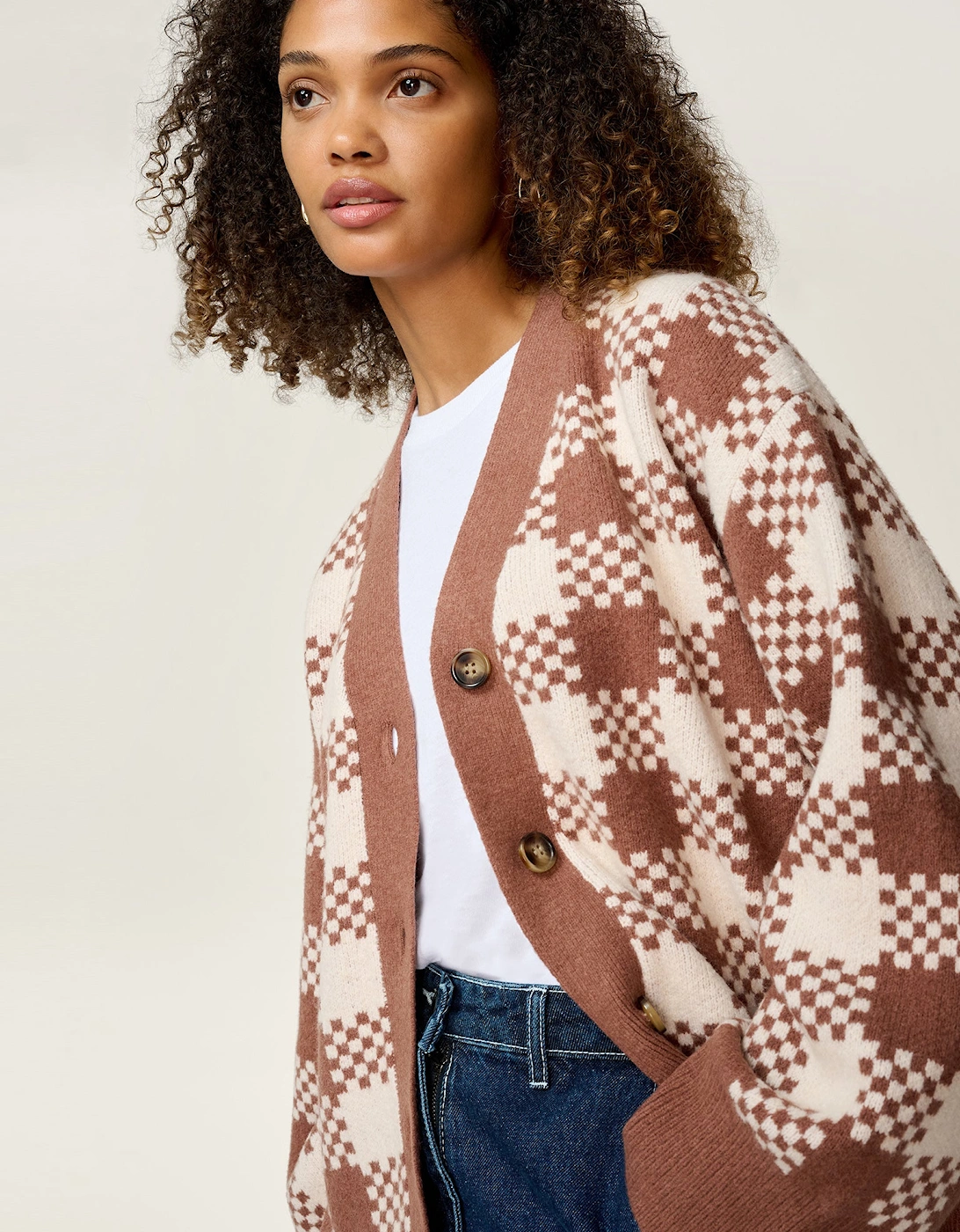 Athena Check Cardigan in Brown and Cream