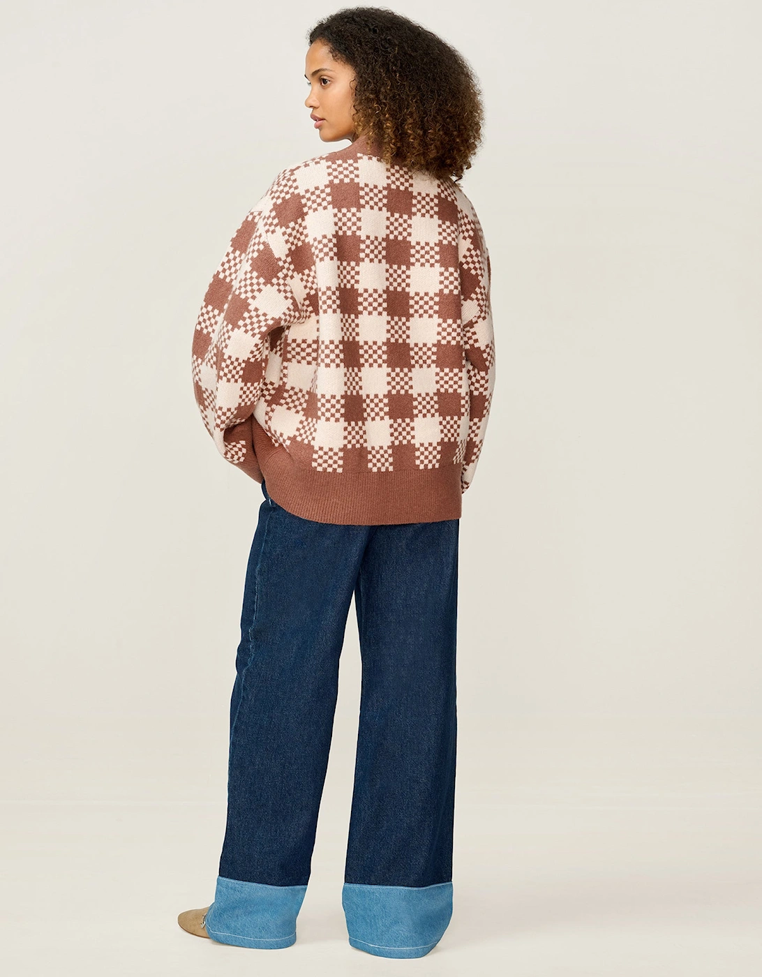 Athena Check Cardigan in Brown and Cream